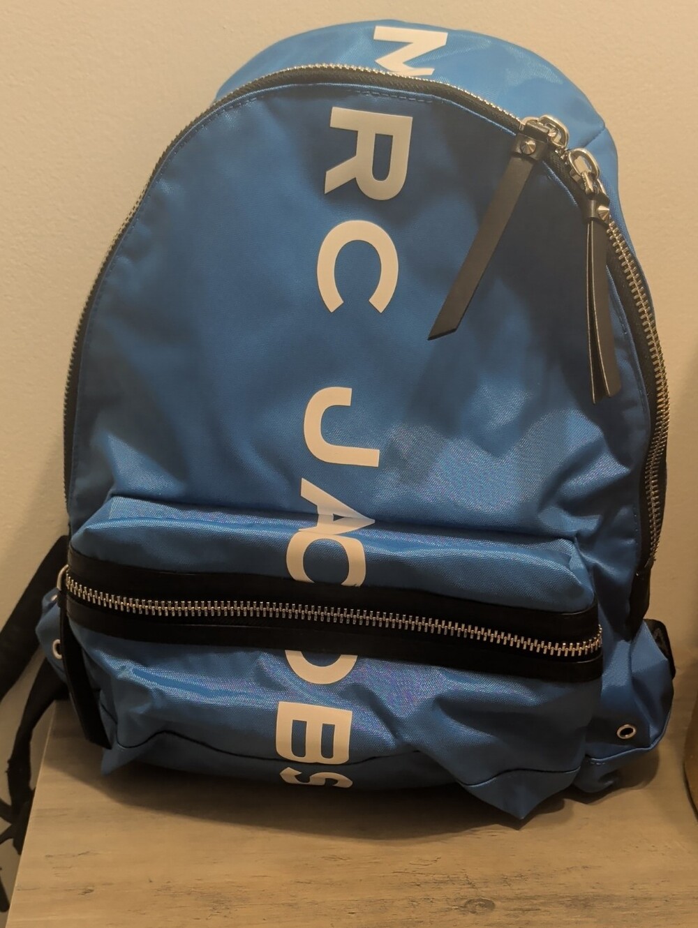 Marc Jacobs Bright Blue Logo Nylon Backpack with White Lettering